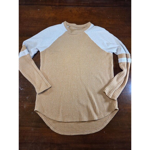 American Eagle Sweater XS Tan Grey Colorblock Waffle Knit Soft Thermal Y2k Top - Picture 1 of 3